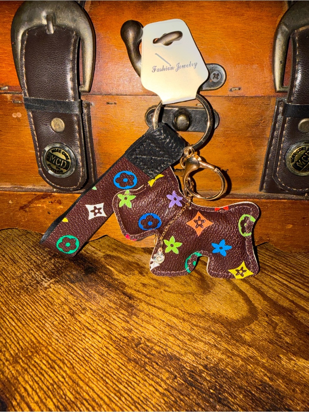 Monogram multicolor floral Scottie puppy dog keychain bag charm brown